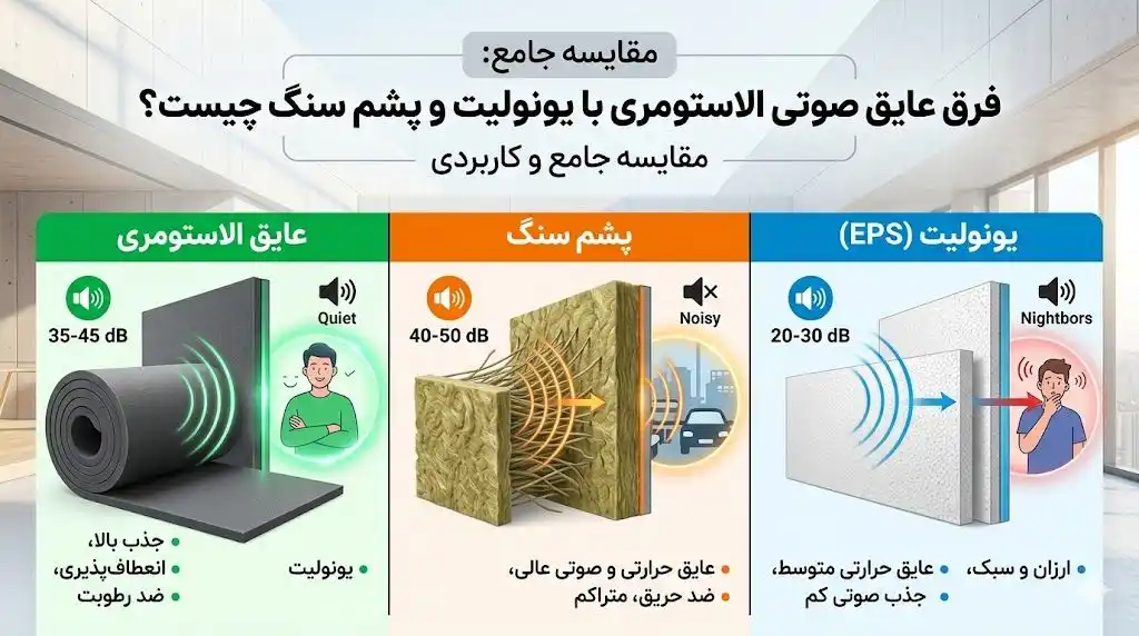 بررسی تخصصی تفاوت عایق صوتی الاستومری با یونولیت و پشم سنگ