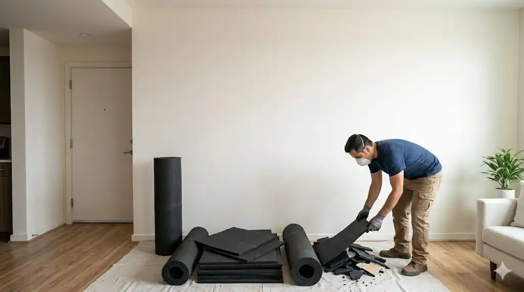 لایهبندی مهندسی عایق صوتی دیوار مشترک با پشم سنگ و پنل آکوستیک