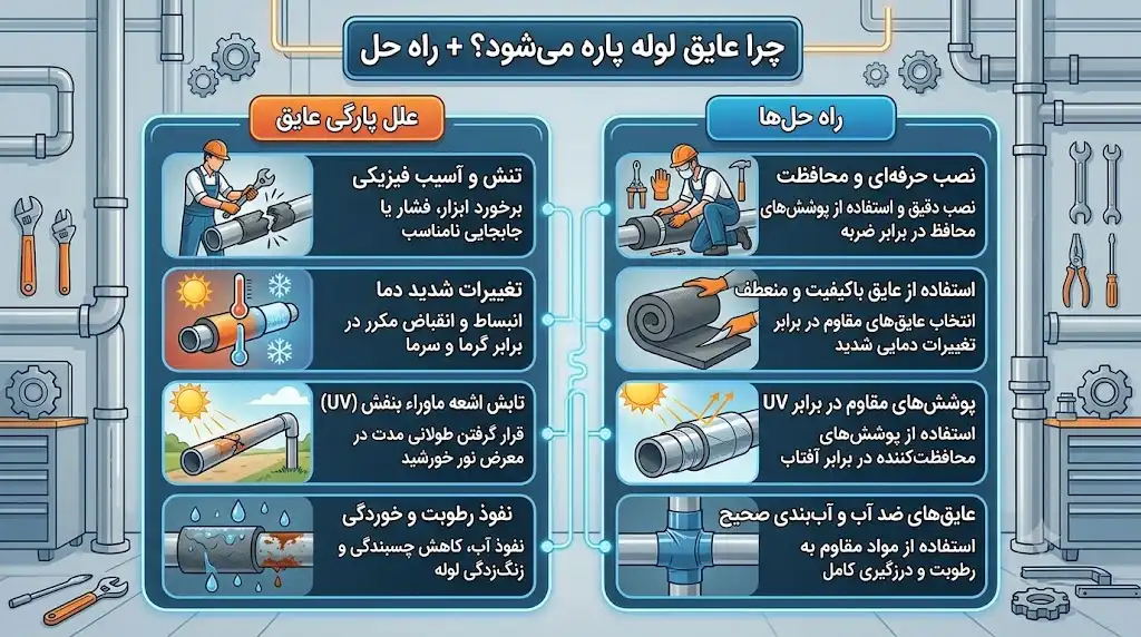 چرا عایق لوله پاره می‌شود؟ بررسی علت‌ها، راهکارهای پیشگیری و روش‌های تعمیر