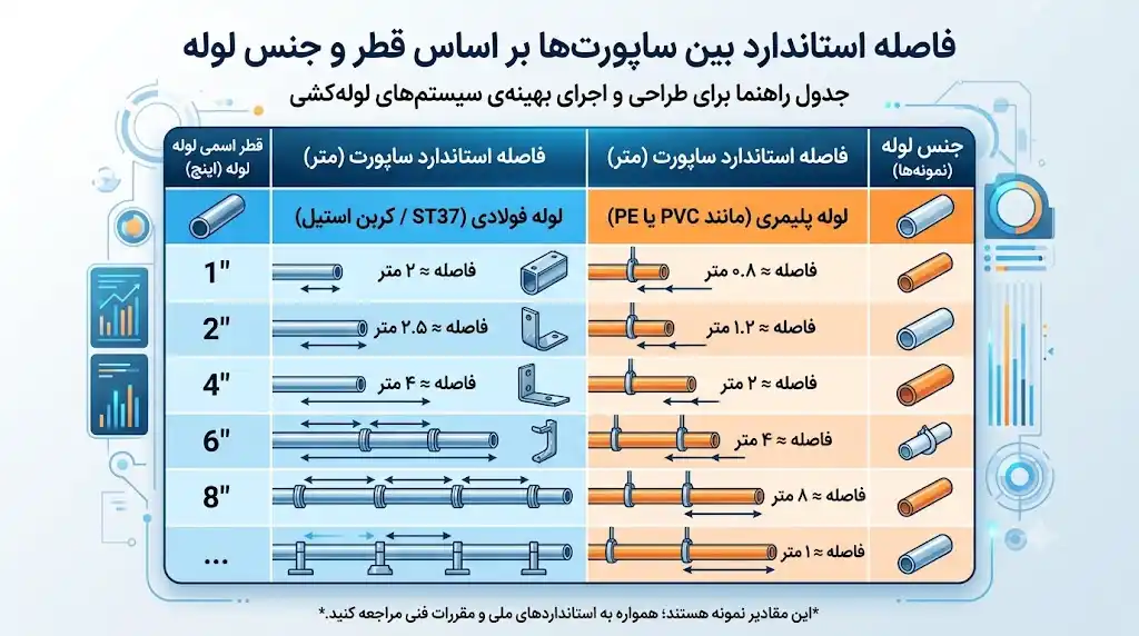 فاصله استاندارد بین ساپورت‌ها بر اساس قطر و جنس لوله|راهنمای طراحی و اجرای اصولی