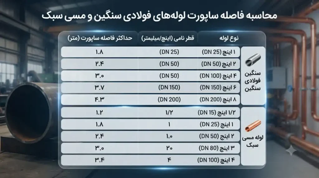 محاسبه فاصله ساپورت برای لوله‌های فولادی سنگین و مسی سبک؛ جدول کامل